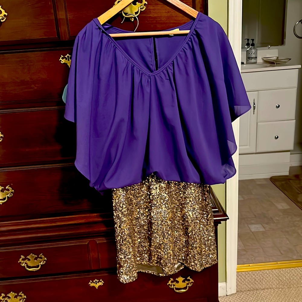 Gianni Bini purple and glitter dress size L. Good condition. Snag in left sleeve